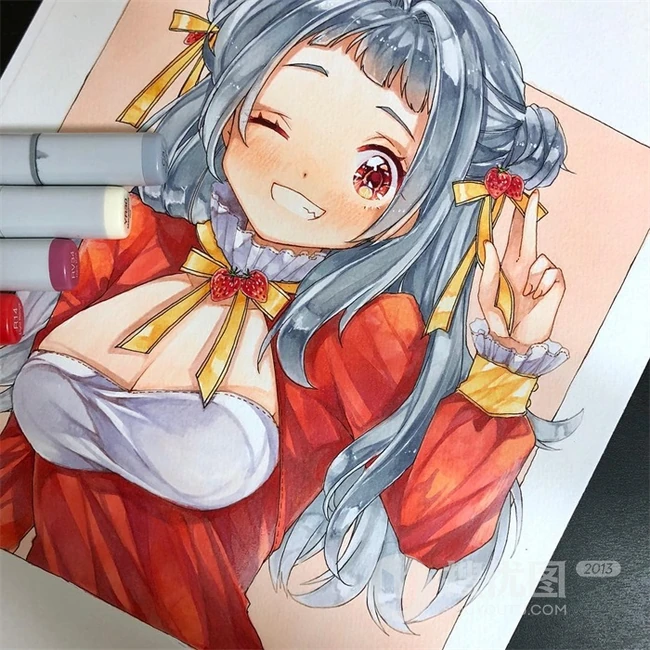 马克笔下可爱的动漫学生少女，纯马克笔手绘动漫少女人物图片作品