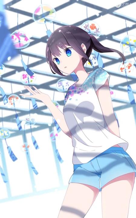 夏日的风铃是不是特别的悦耳？二次元动漫女生和风铃唯美插画图片