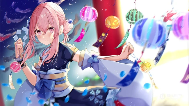 夏日的风铃是不是特别的悦耳？二次元动漫女生和风铃唯美插画图片