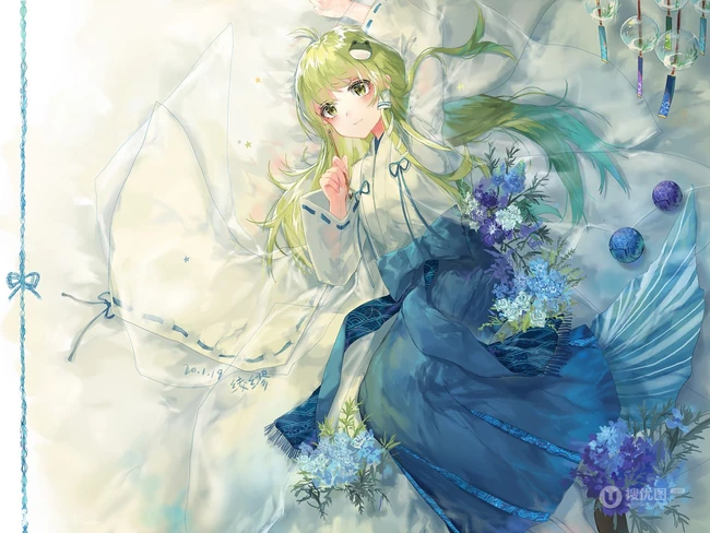 夏日的风铃是不是特别的悦耳？二次元动漫女生和风铃唯美插画图片