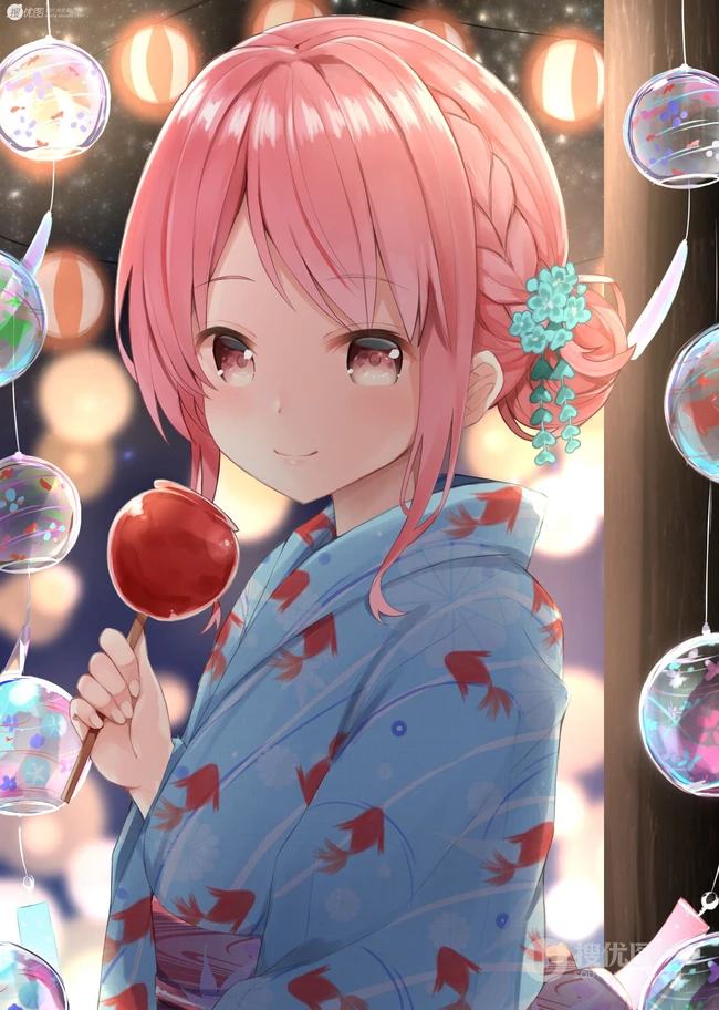 夏日的风铃是不是特别的悦耳？二次元动漫女生和风铃唯美插画图片