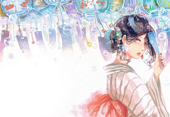 夏日的风铃是不是特别的悦耳？二次元动漫女生和风铃唯美插画图片