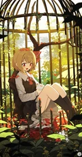 笼中鸟，二次元动漫少女和鸟笼唯美高清插画图片