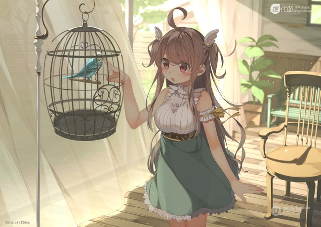 笼中鸟，二次元动漫少女和鸟笼唯美高清插画图片