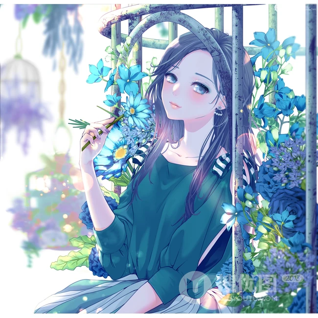 笼中鸟，二次元动漫少女和鸟笼唯美高清插画图片