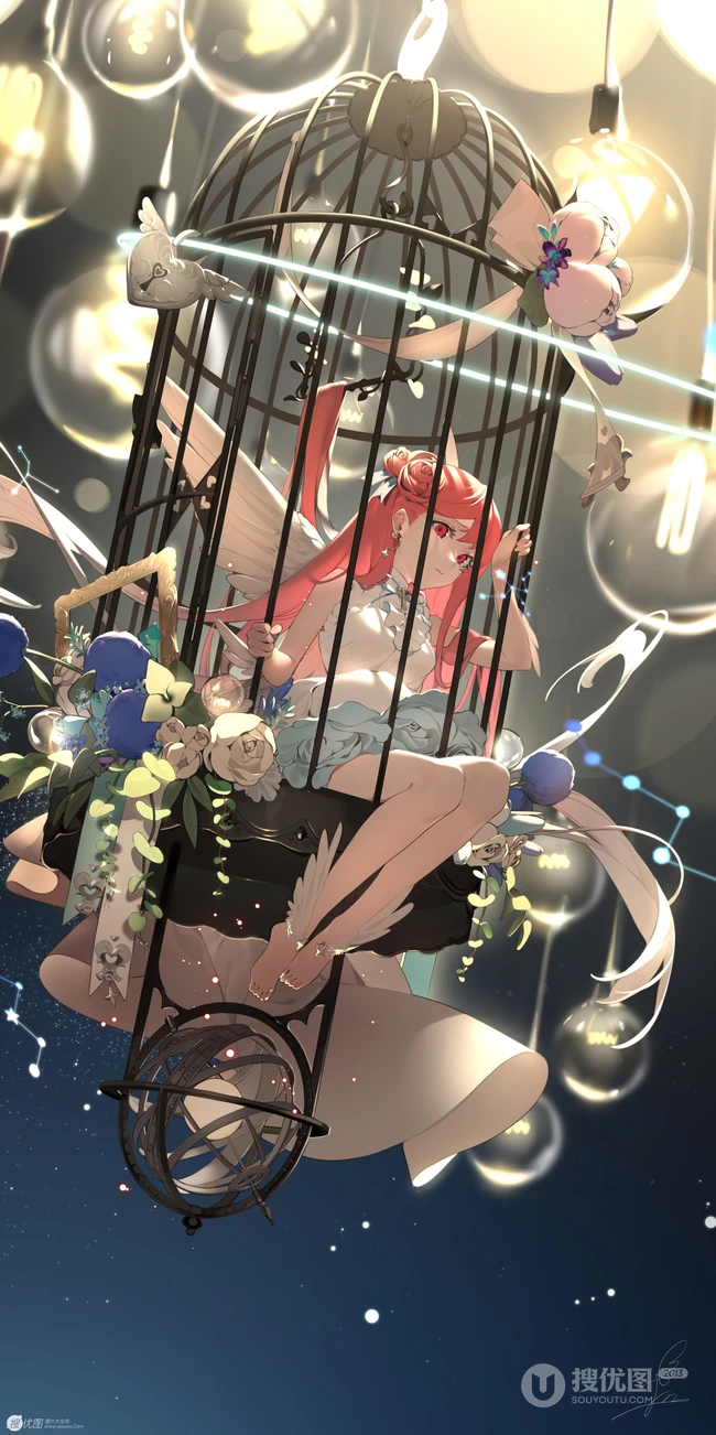 笼中鸟，二次元动漫少女和鸟笼唯美高清插画图片