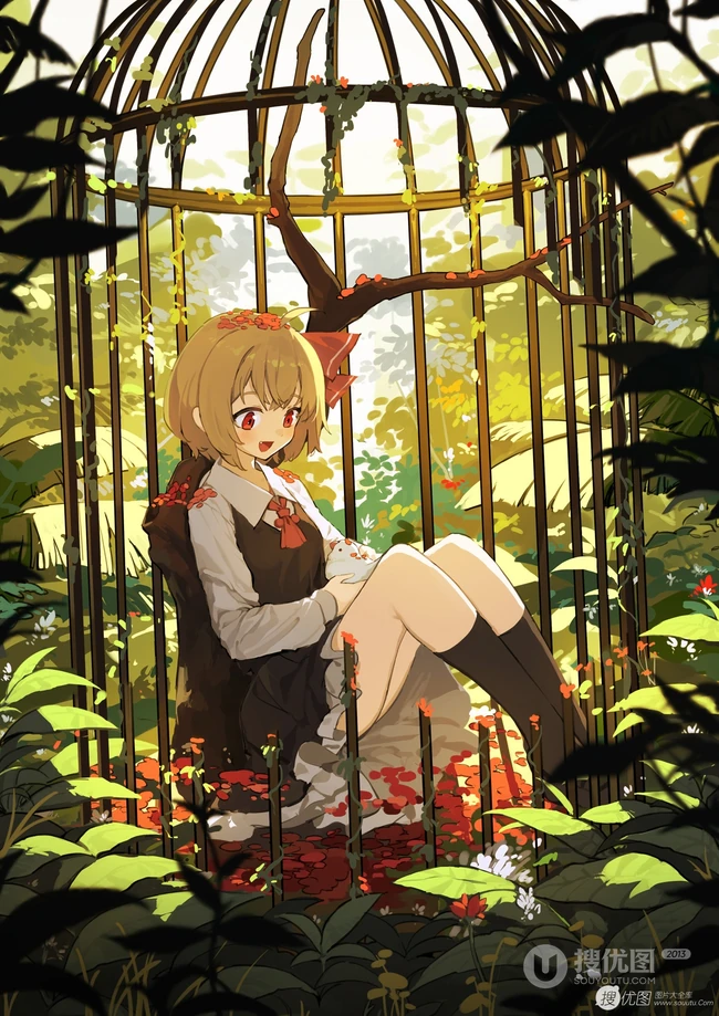 笼中鸟，二次元动漫少女和鸟笼唯美高清插画图片