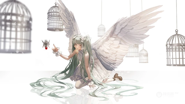 笼中鸟，二次元动漫少女和鸟笼唯美高清插画图片