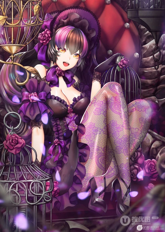 笼中鸟，二次元动漫少女和鸟笼唯美高清插画图片
