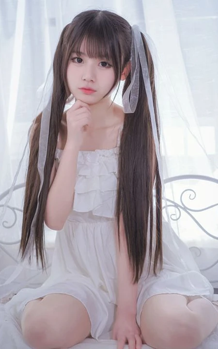 长发及腰甜美可爱型微胖双马尾女孩身着肩带白裙超高清室内写真