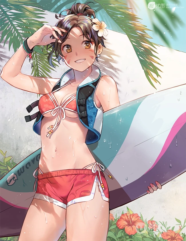 热浪滚滚，来体验下活力十足的二次泳装动漫少女海边插画美图吧