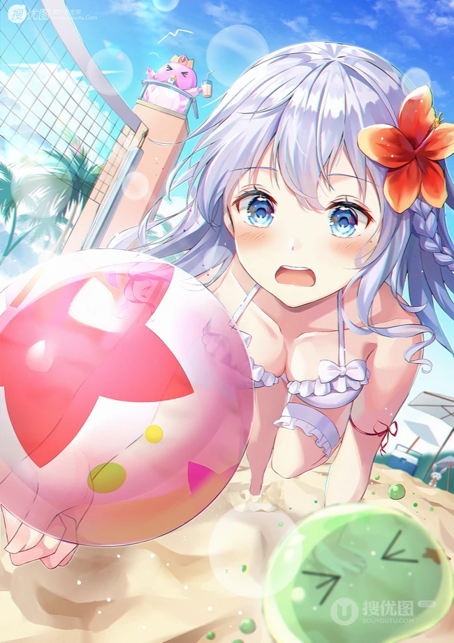 热浪滚滚，来体验下活力十足的二次泳装动漫少女海边插画美图吧