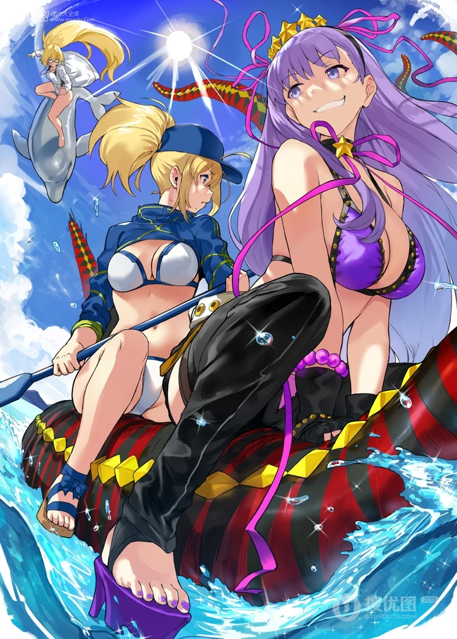 热浪滚滚，来体验下活力十足的二次泳装动漫少女海边插画美图吧
