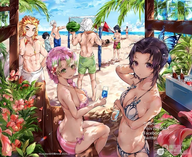 热浪滚滚，来体验下活力十足的二次泳装动漫少女海边插画美图吧