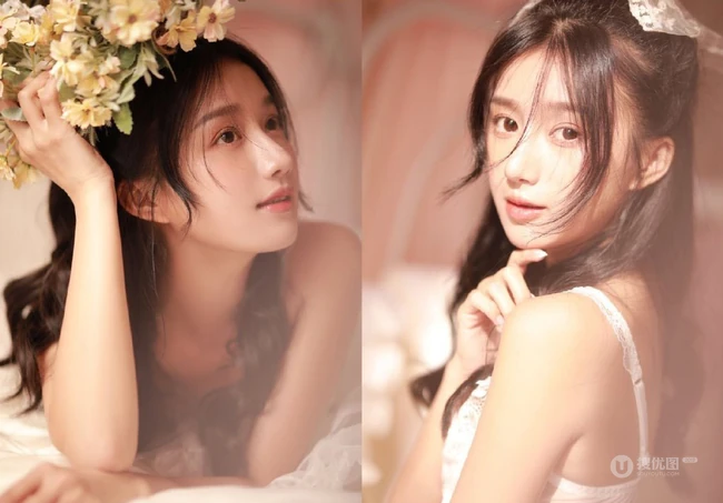 脸上画着彩妆的漂亮女生优优轻纱白裙优美摄影艺术写真图片