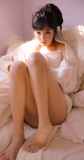 沐浴在阳光下的蕾丝肩带裙温柔苗条浅粉气质女生沙发写真图片集