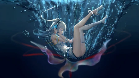 在水中，动漫少女，长筒袜，美腿，长发，超美二次高清壁纸图片