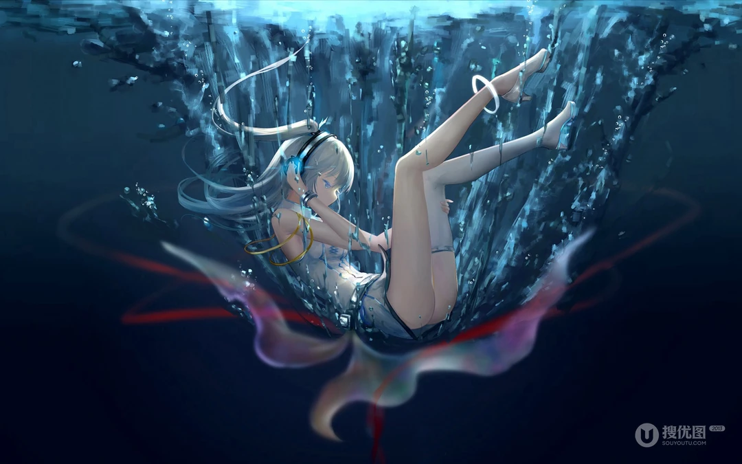 在水中，动漫少女，长筒袜，美腿，长发，超美二次高清壁纸图片