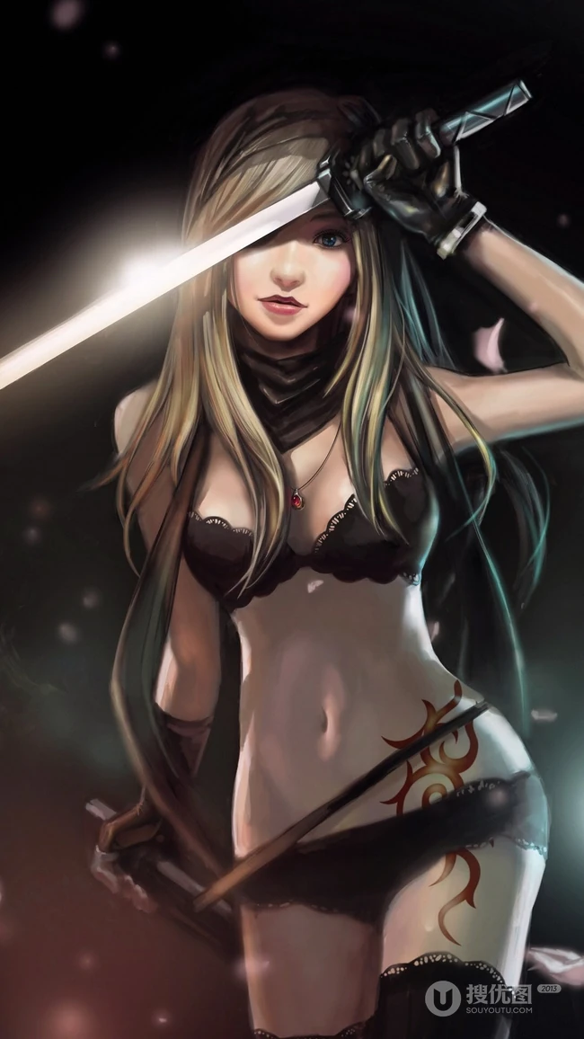 拿武士刀的黑色性感内衣女武士手机壁纸