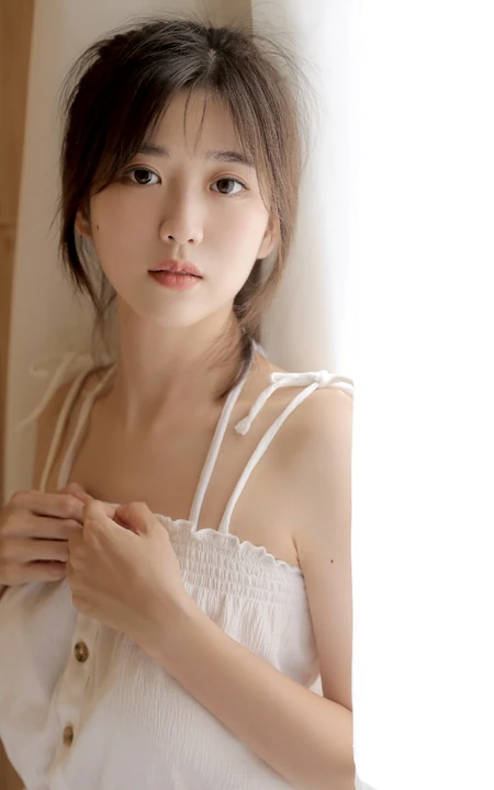 可爱型圆脸少女纯白肩带衣短裤在浴缸里玩耍写真图片