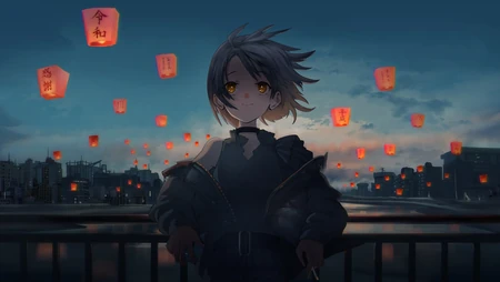 入夜的蓝色天空，许愿孔明灯下的短发动漫女孩唯美桌面壁纸