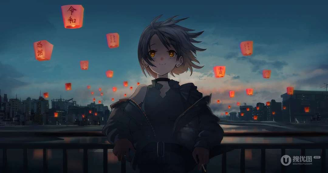 入夜的蓝色天空，许愿孔明灯下的短发动漫女孩唯美桌面壁纸