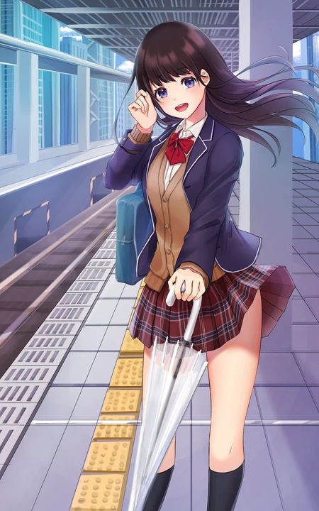 来来往往不停歇，列车抵达或出发月台上的二次元动漫学生制服少女图集