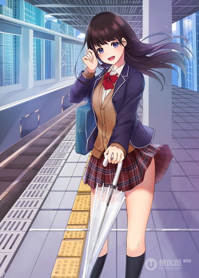 来来往往不停歇，列车抵达或出发月台上的二次元动漫学生制服少女图集