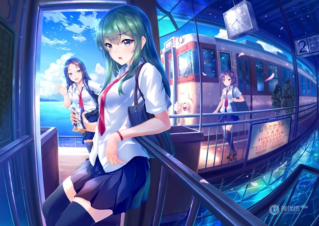 来来往往不停歇，列车抵达或出发月台上的二次元动漫学生制服少女图集