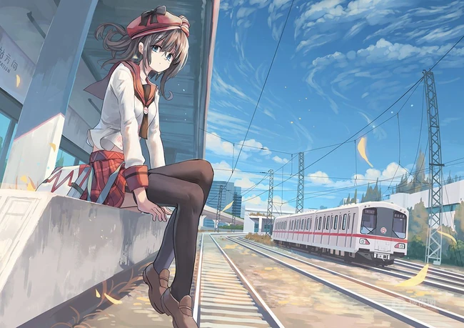 来来往往不停歇，列车抵达或出发月台上的二次元动漫学生制服少女图集
