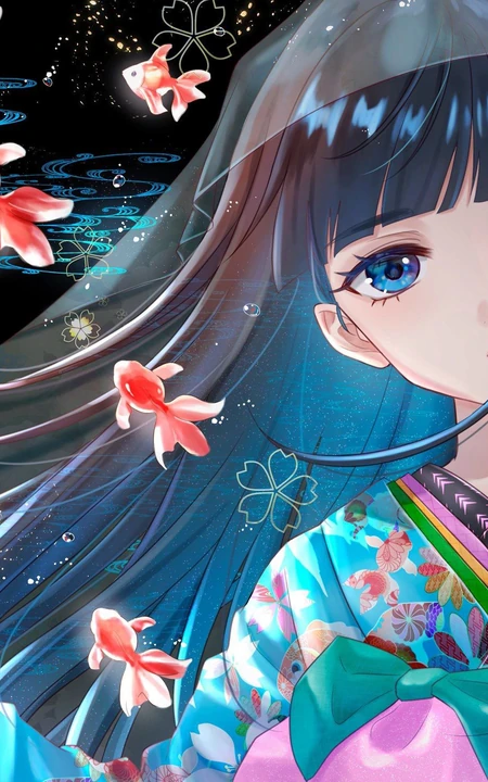 好多漂亮的小金鱼，二次元动漫少女和金鱼唯美插画动漫图集