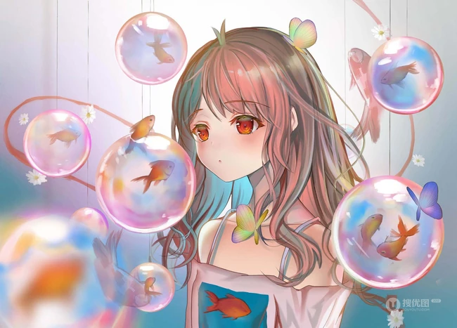 好多漂亮的小金鱼，二次元动漫少女和金鱼唯美插画动漫图集