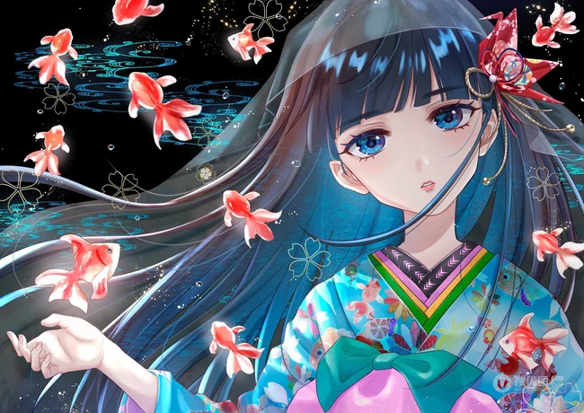 好多漂亮的小金鱼，二次元动漫少女和金鱼唯美插画动漫图集