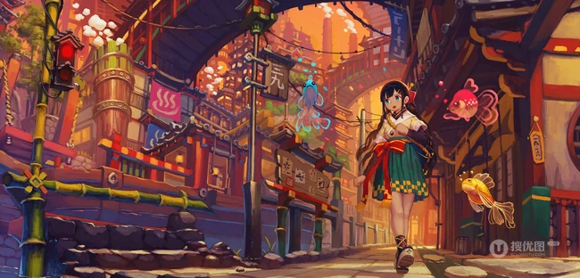 好多漂亮的小金鱼，二次元动漫少女和金鱼唯美插画动漫图集