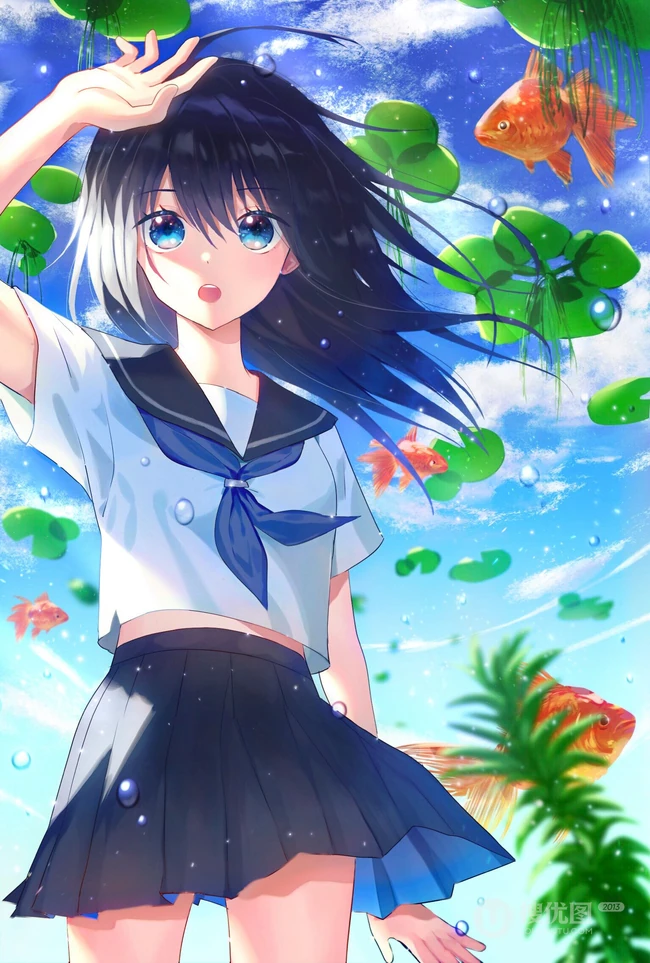好多漂亮的小金鱼，二次元动漫少女和金鱼唯美插画动漫图集