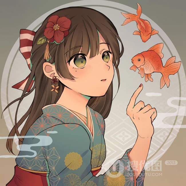 好多漂亮的小金鱼，二次元动漫少女和金鱼唯美插画动漫图集