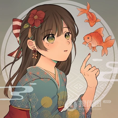 动漫女生头像，甜甜的二次元少女和金鱼的唯女生生头像图片