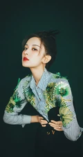 古力娜扎清新优雅写真，穿着印有热带植物的衬衫，展动人自然美