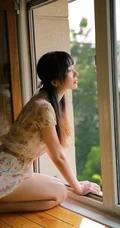 大眼睛女孩，齐刘海长发高挑线条感少女休闲小碎花短裤唯美写真图片
