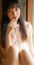 大眼睛女孩，齐刘海长发高挑线条感少女休闲小碎花短裤唯美写真图片