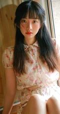 大眼睛女孩，齐刘海长发高挑线条感少女休闲小碎花短裤唯美写真图片