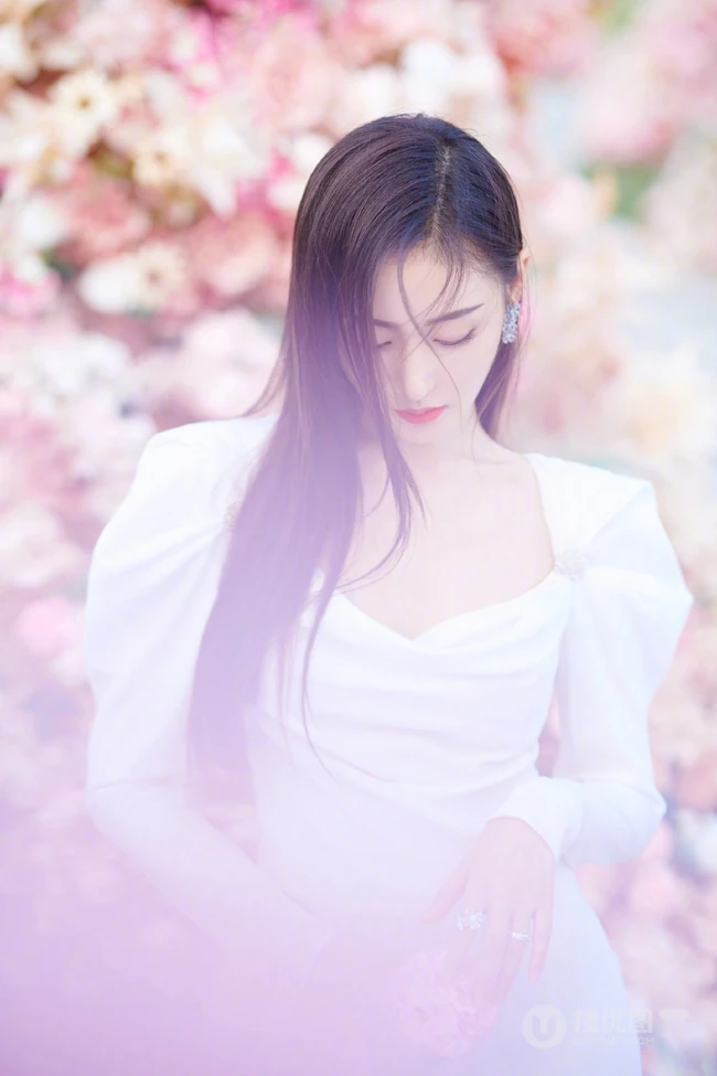 张天爱仙气飘飘V领白裙花海花墙钱超美写真图片