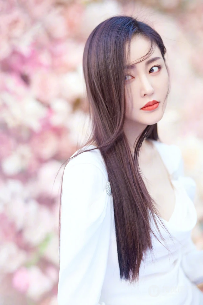 张天爱仙气飘飘V领白裙花海花墙钱超美写真图片