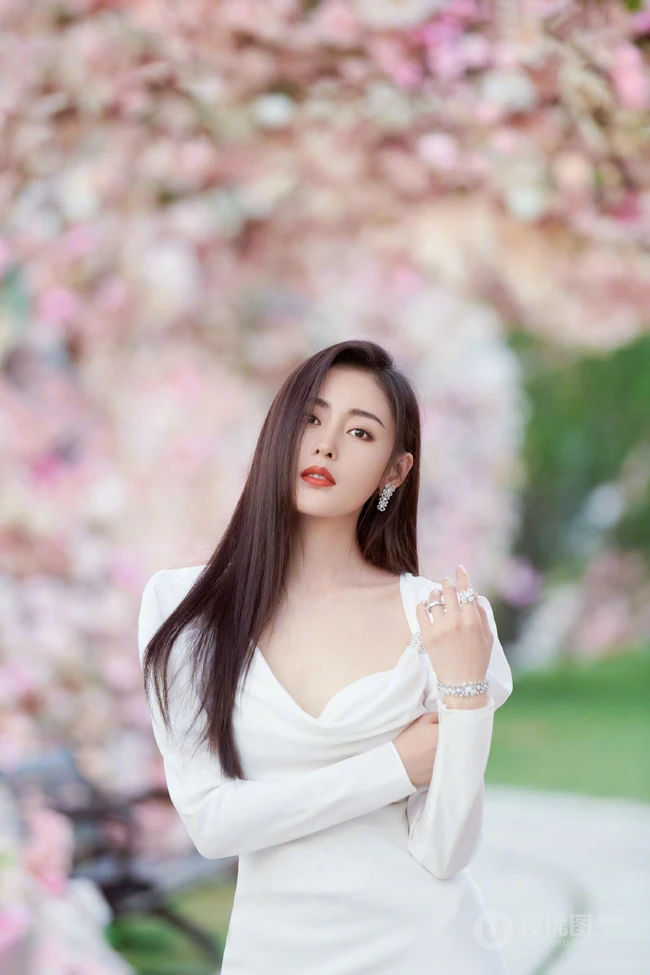 张天爱仙气飘飘V领白裙花海花墙钱超美写真图片