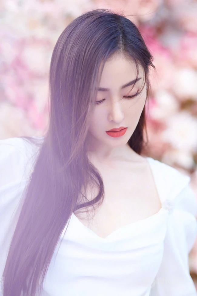 张天爱仙气飘飘V领白裙花海花墙钱超美写真图片
