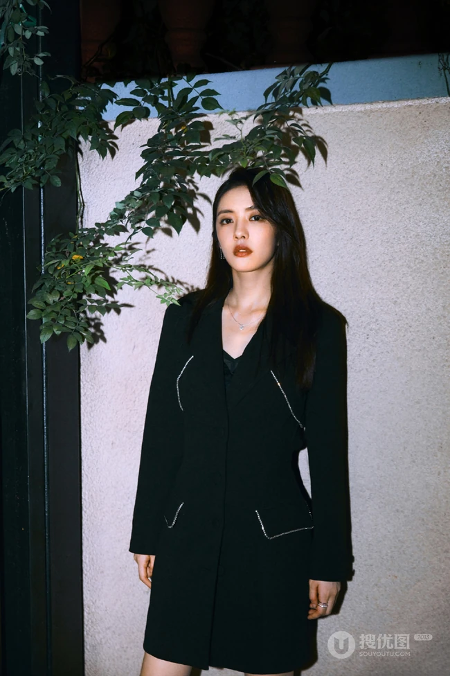蔡文静超美夜晚街拍写真，彩妆红唇搭配连衣黑裙，尽显柔美魅力