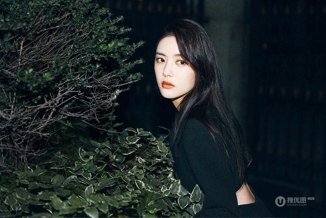 蔡文静超美夜晚街拍写真，彩妆红唇搭配连衣黑裙，尽显柔美魅力