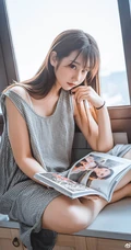 大眼睛美丽少女镜酱肩带格子长裙居家悠闲吃零食高清摄影写真图集