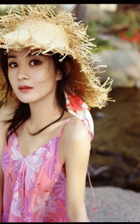 赵丽颖肩带V领印花粉裙坐在公园大石头的花海间浪漫唯美写真集