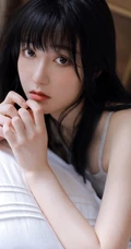 齐刘海长发发型大眼睛女生灰色肩带背心热裤居家室内写真图片